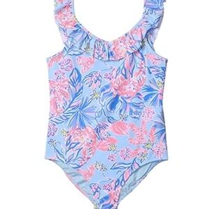 Lilly Pulitzer Girls One-Piece Swimsuit in Light Blue & Pink Floral